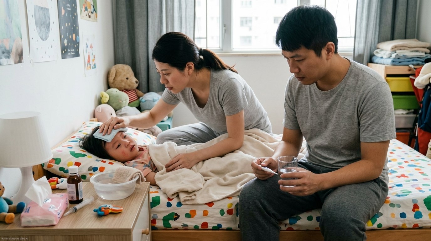 Cha mẹ đo thân nhiệt cho con sốt cao li bì và nhận biết dấu hiệu nguy hiểm