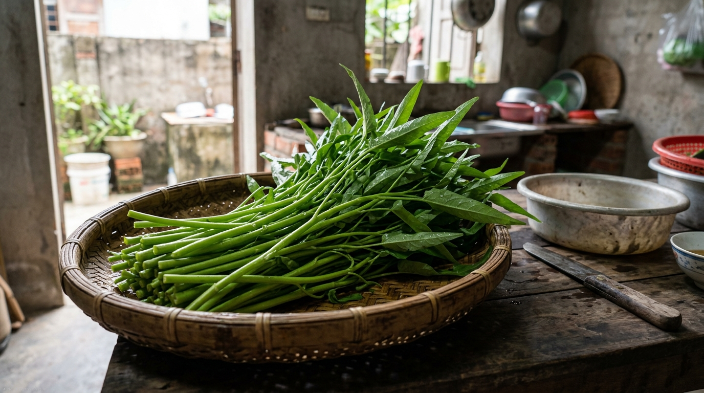 Đĩa rau muống luộc chín mềm giúp người đau dạ dày ăn rau muống an toàn