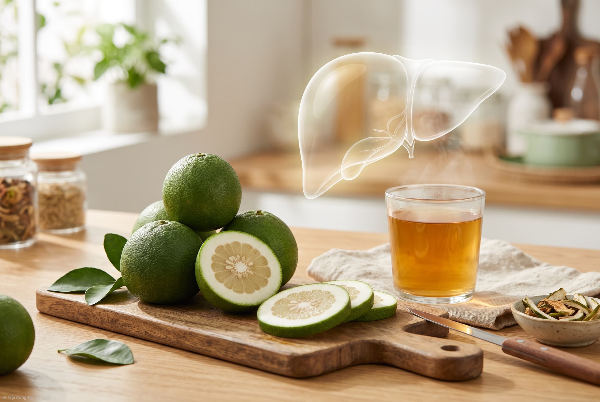 Quả bưởi non tươi trên cành — hoạt chất hỗ trợ tế bào gan nhiễm mỡ