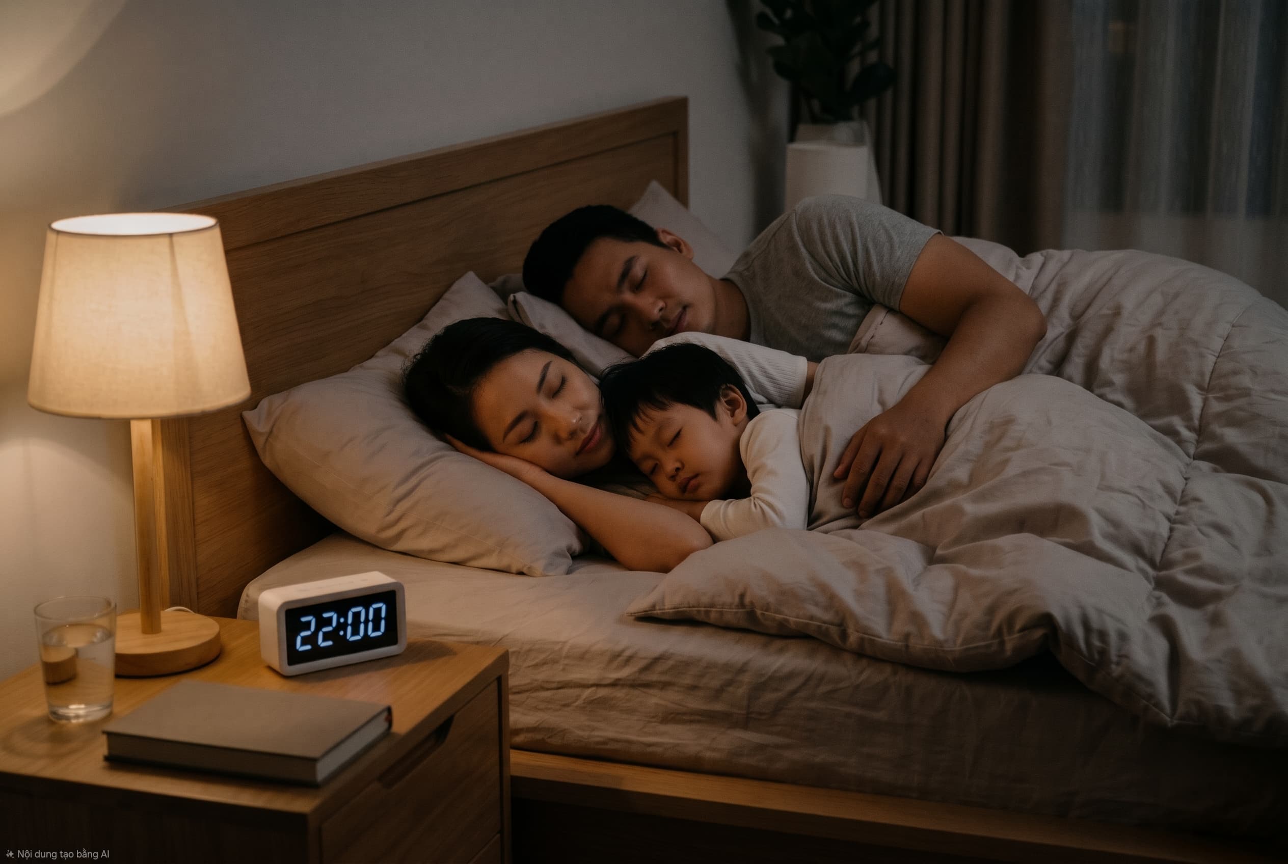 Gia đình châu Á ngủ ngon, đồng hồ chỉ 22 giờ trên tủ đầu giường