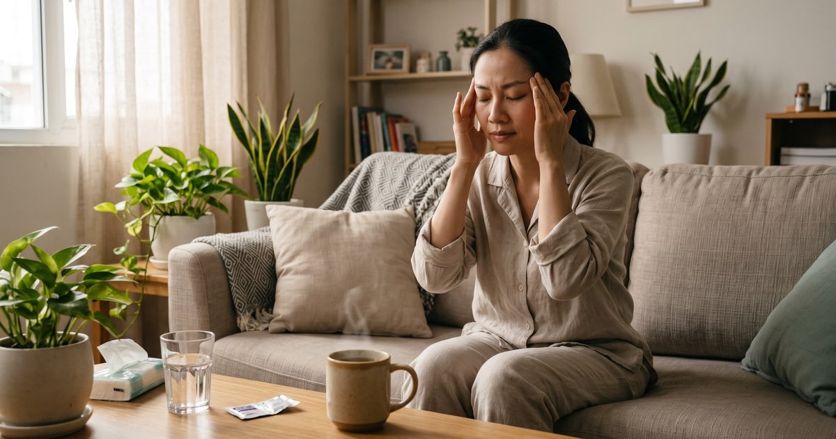 Người phụ nữ xoa thái dương vì đau đầu thường xuyên