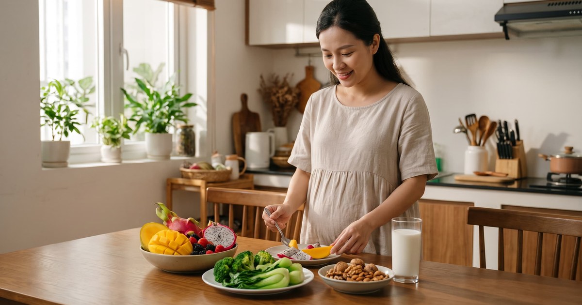 Bà bầu ăn rau xanh và trái cây tươi trong 3 tháng đầu.