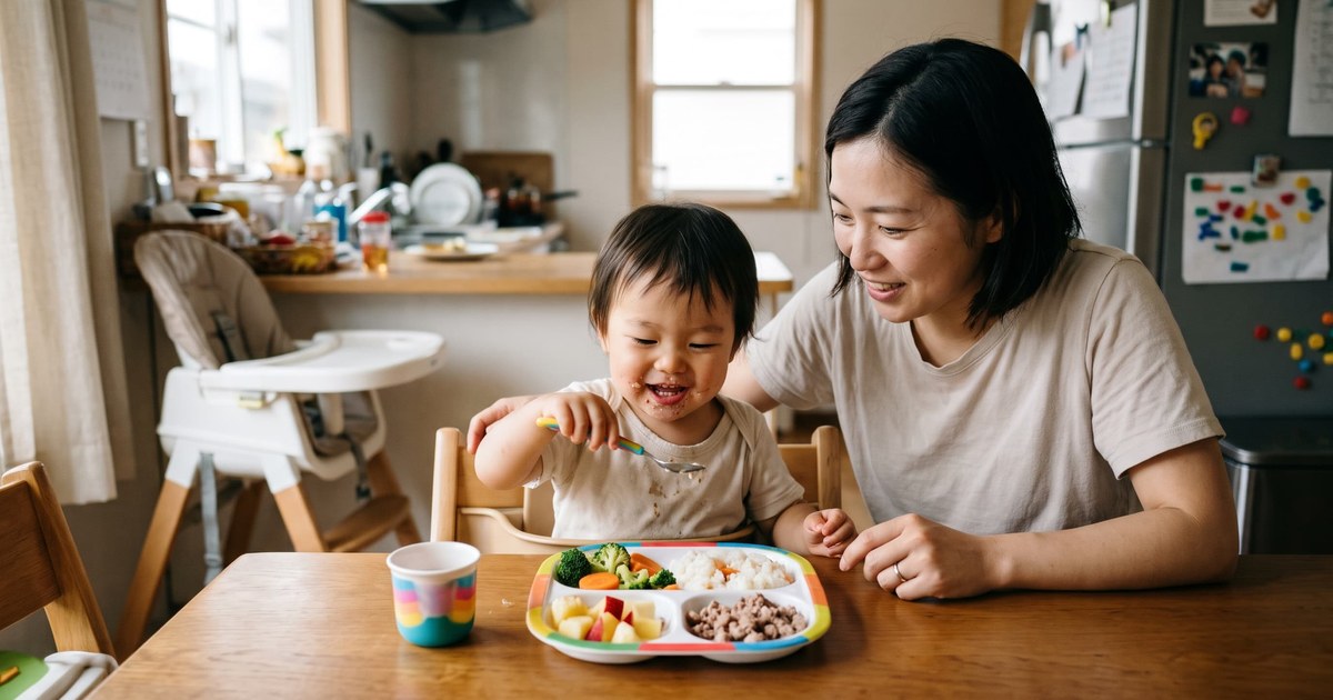 Bé 1-3 tuổi ăn cơm nát với thịt cá và rau xanh.