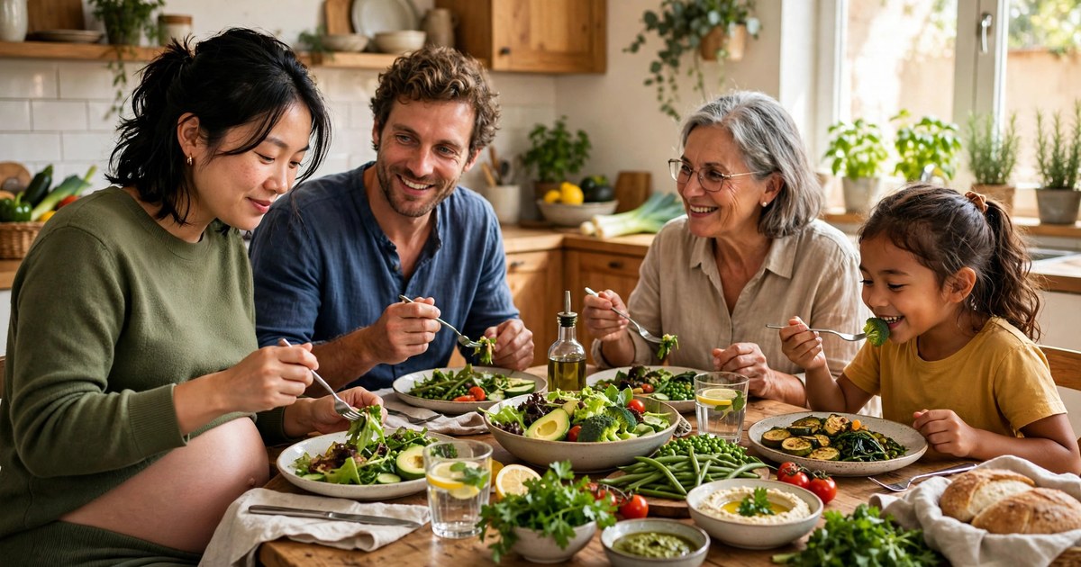 Bà bầu ăn bữa cơm gia đình nhiều rau xanh và thực phẩm tươi trong không gian ấm áp.