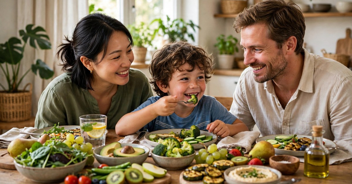 Trẻ mẫu giáo ăn trưa vui vẻ cùng bạn bè với mâm cơm đủ rau, thịt và trái cây