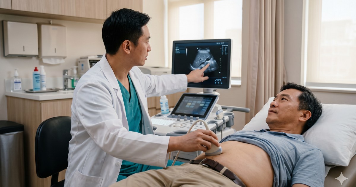 Người đi khám sức khỏe, bác sĩ chỉ kết quả siêu âm gan trên màn hình