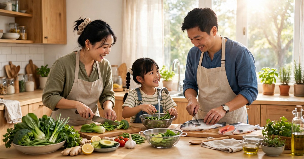 Gia đình chuẩn bị bữa ăn nhiều rau xanh và cá trong căn bếp sáng
