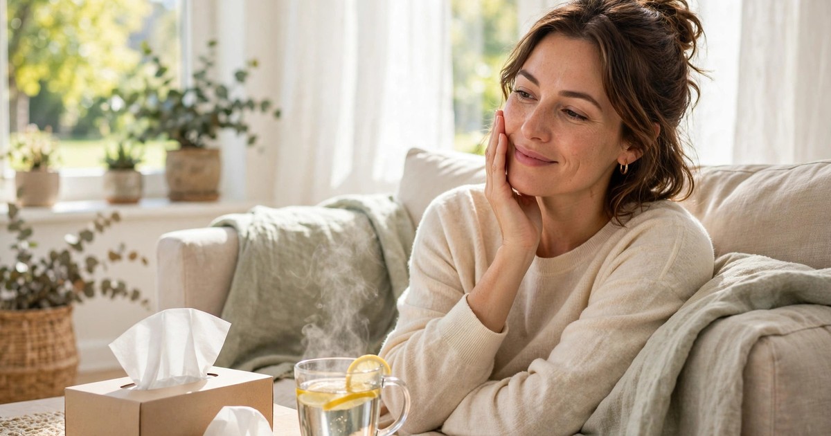 Người phụ nữ ôm vùng mặt vì đau xoang, bên cạnh là khăn giấy và cốc nước ấm