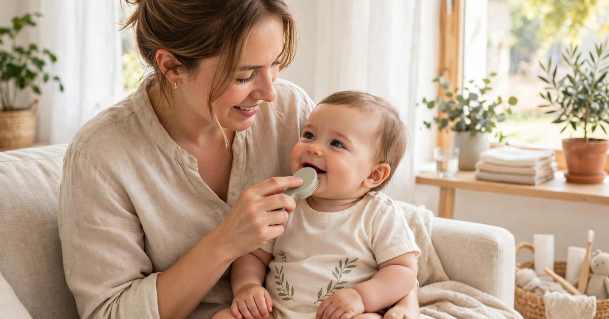 Mẹ vệ sinh miệng và xoa nướu nhẹ nhàng cho trẻ mọc răng