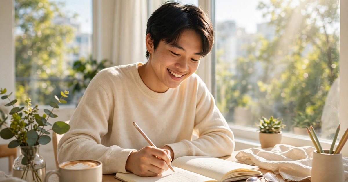 Người trẻ ngồi làm việc, tay ghi chú vào sổ để không quên việc cần làm