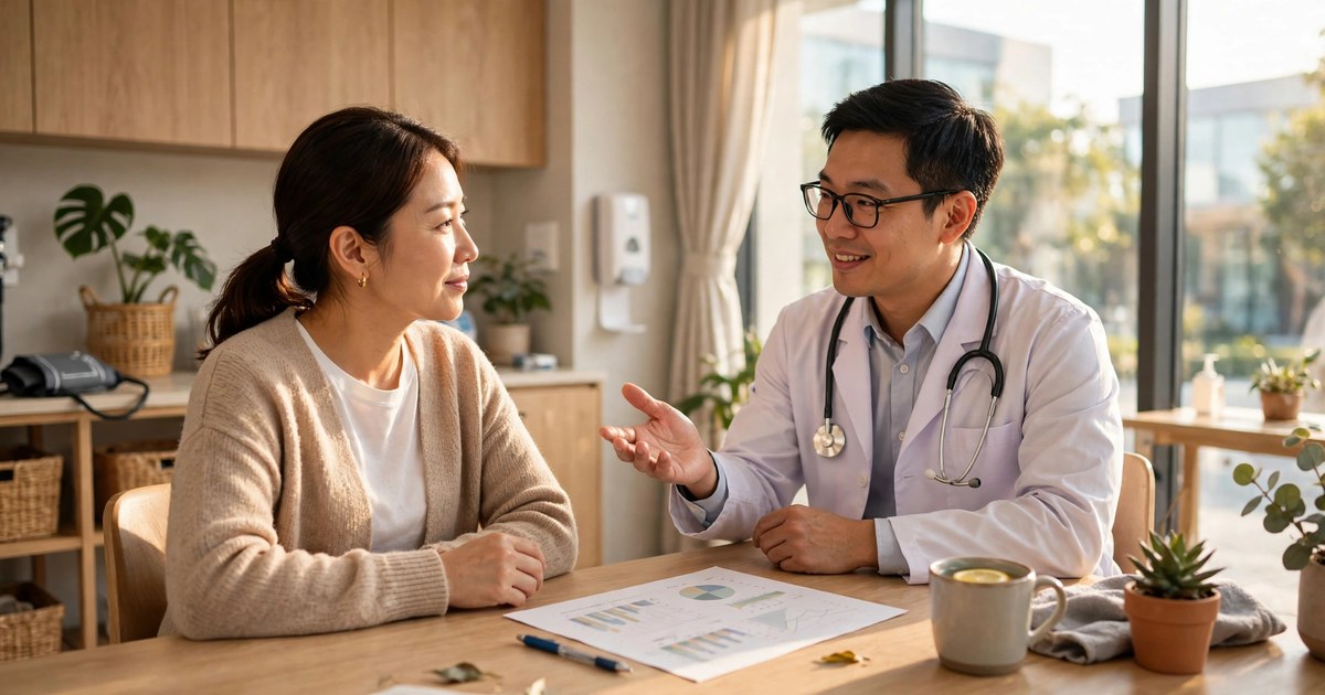 Bác sĩ trao đổi kết quả xét nghiệm máu với bệnh nhân trong phòng khám sáng sủa