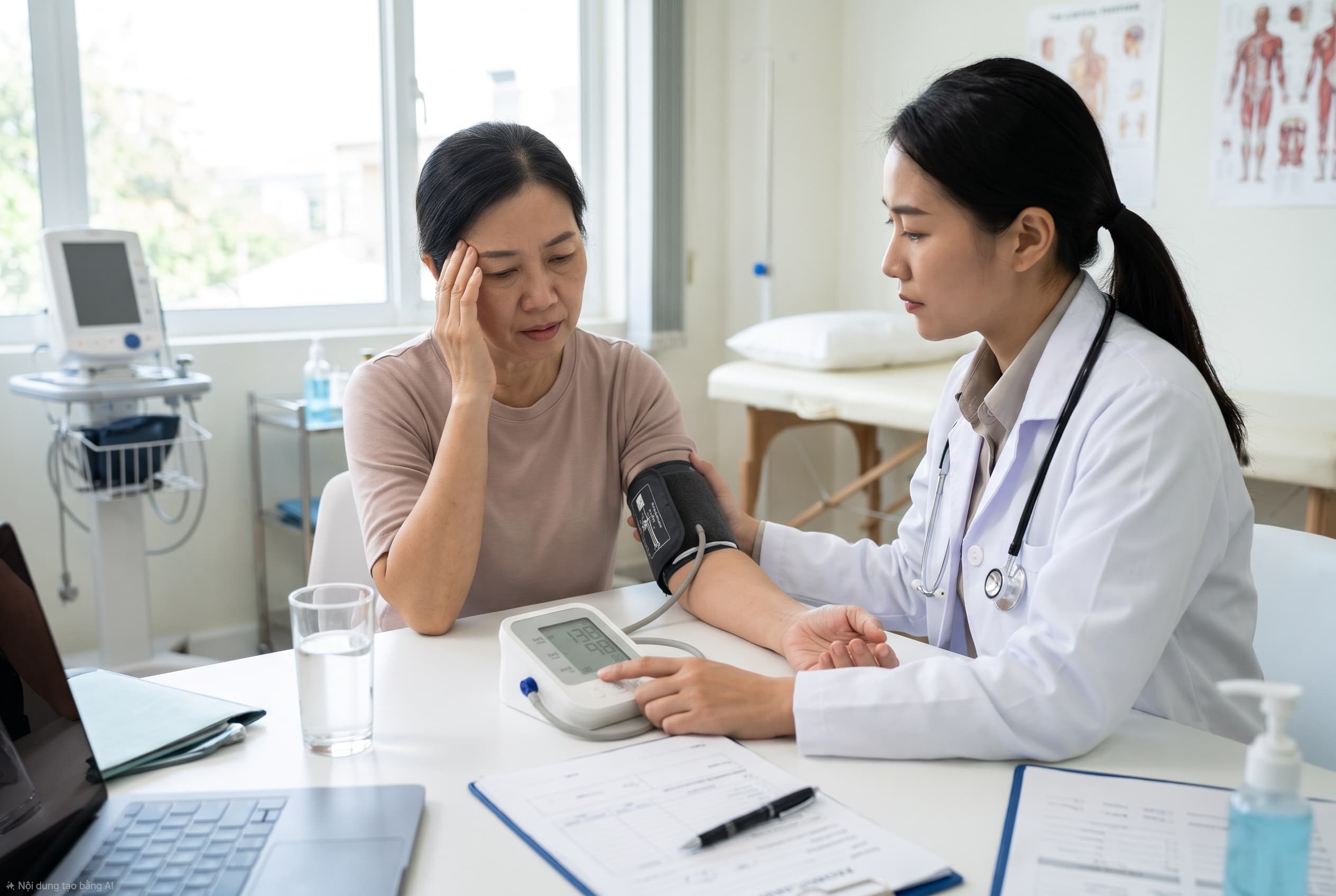 Bác sĩ châu Á đang đo huyết áp cho bệnh nhân nữ