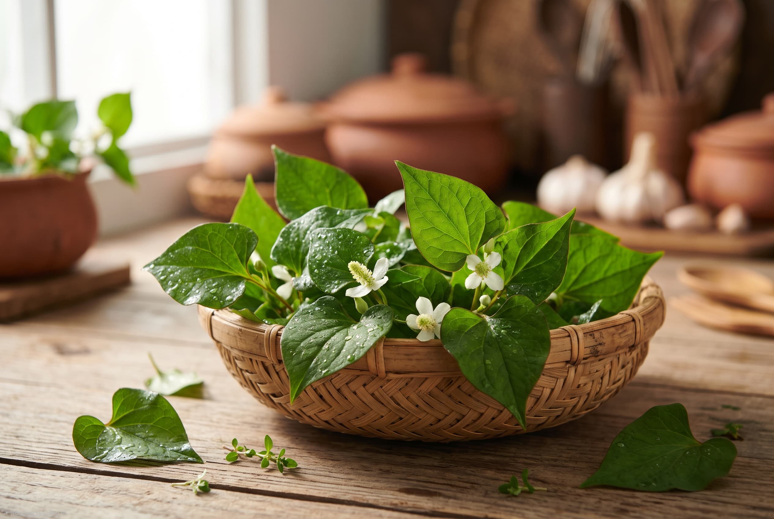 Rau diếp cá tươi trong rổ tre