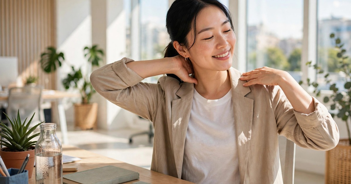 Nhân viên văn phòng tập giãn cơ vai gáy nhẹ nhàng tại bàn làm việc